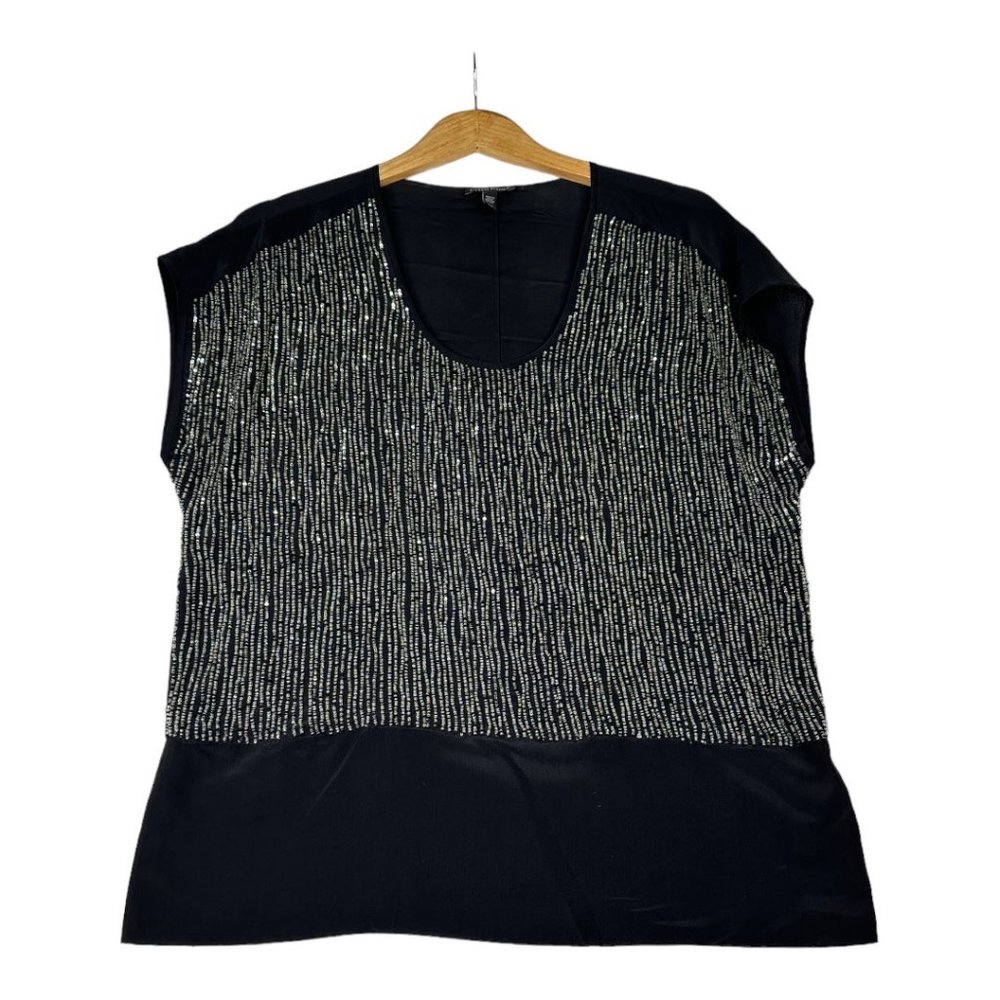 Eileen Fisher 100% Silk Sequin Short Sleeve Blouse sz Small Black AS IS